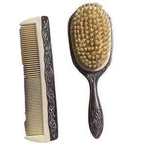 ANTIQUE SILVER Plated Repousse VICTORIAN Floral COMB & BRUSH Vanity Set 2